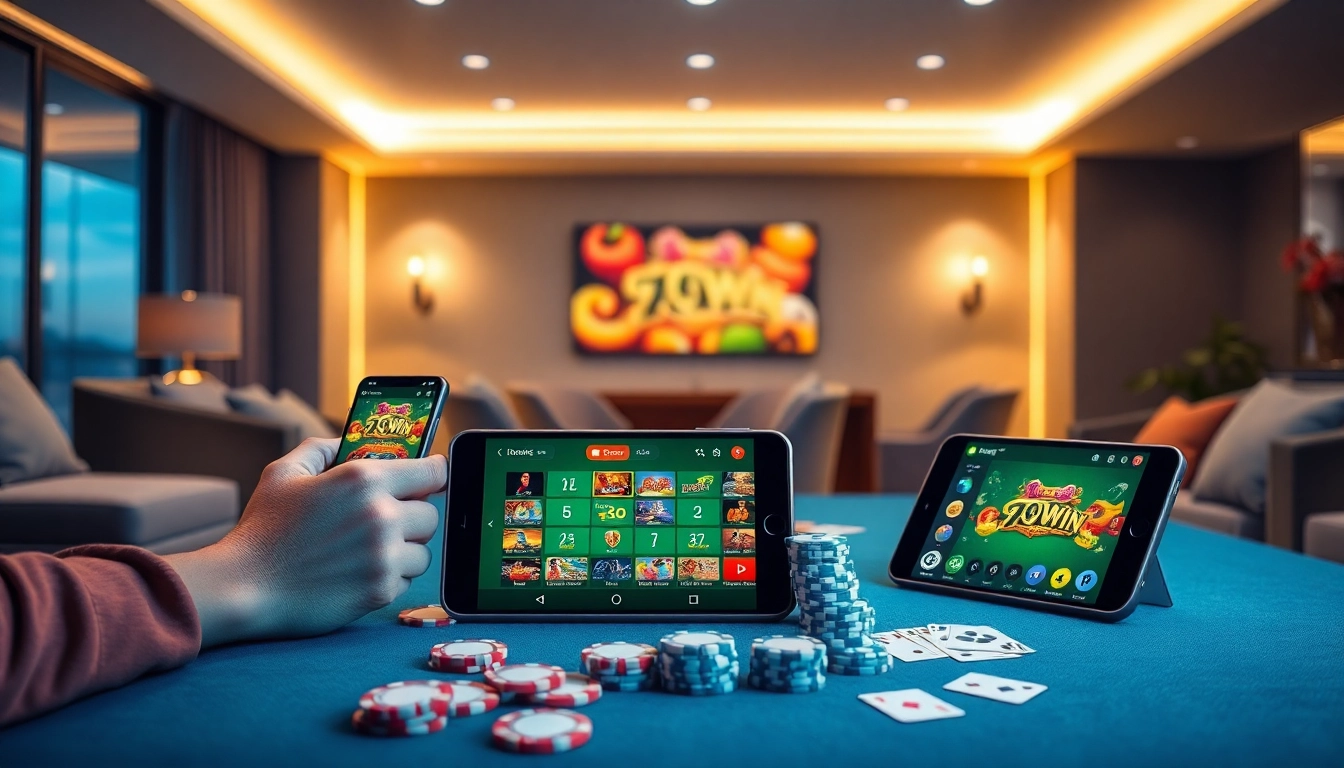 Discover the app 98win interface on various devices in a vibrant gambling setting, highlighting excitement and engagement.
