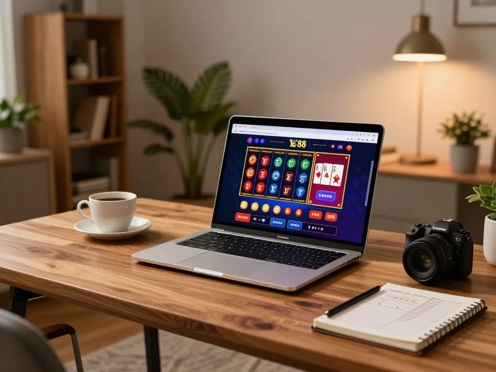 Engaging in strategic gameplay on LV88 online casino with a sleek laptop in a cozy home setup