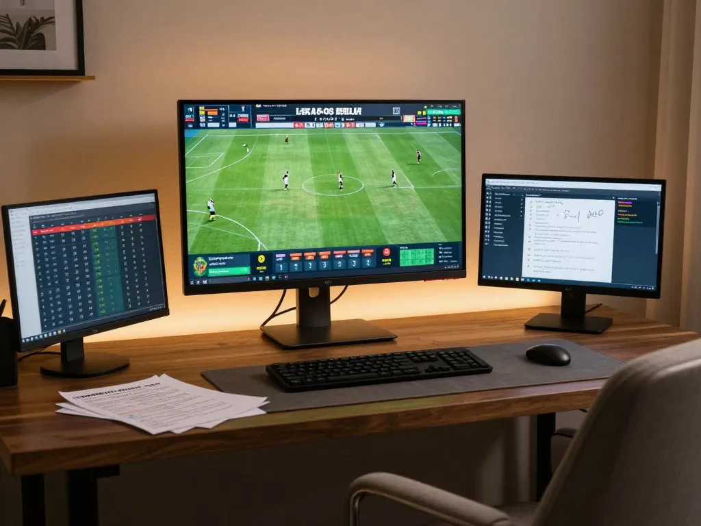 Analyze odds and strategies for Nhận định kèo in a stylish home office sports betting setup.