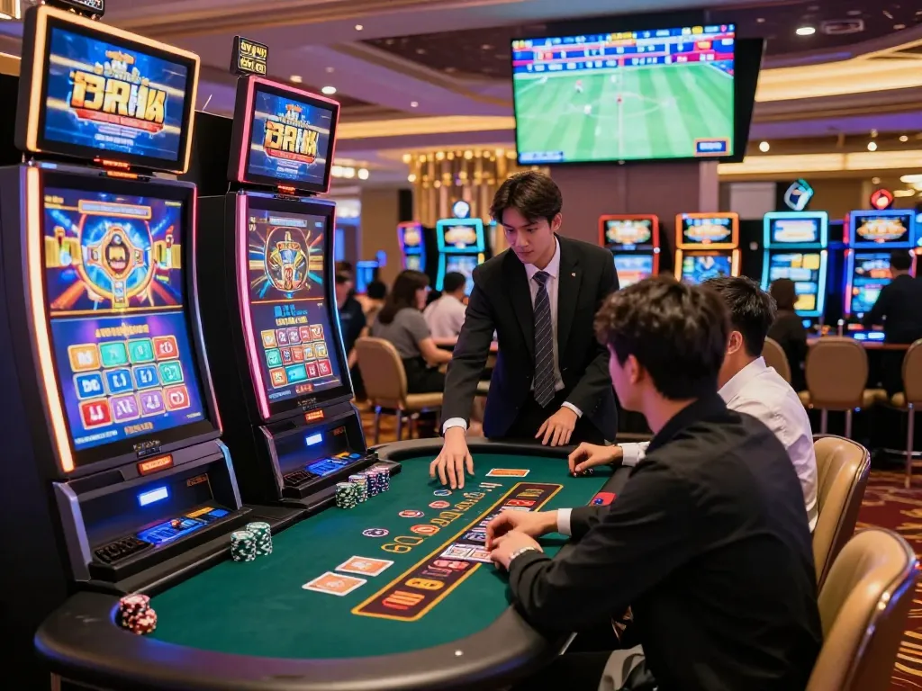 Exciting gaming atmosphere at tk88 casino with vibrant slot machines and players engaged in action.