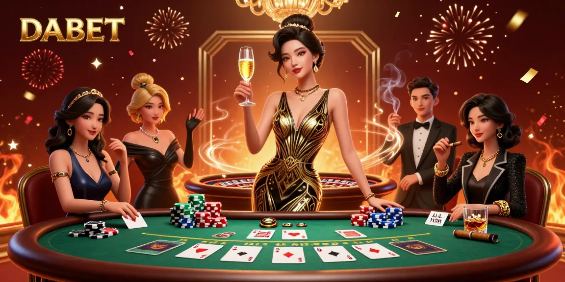 DABET invites you to revel in high-stakes gaming with an elegant casino scene showcasing vibrant poker chips and roulette.