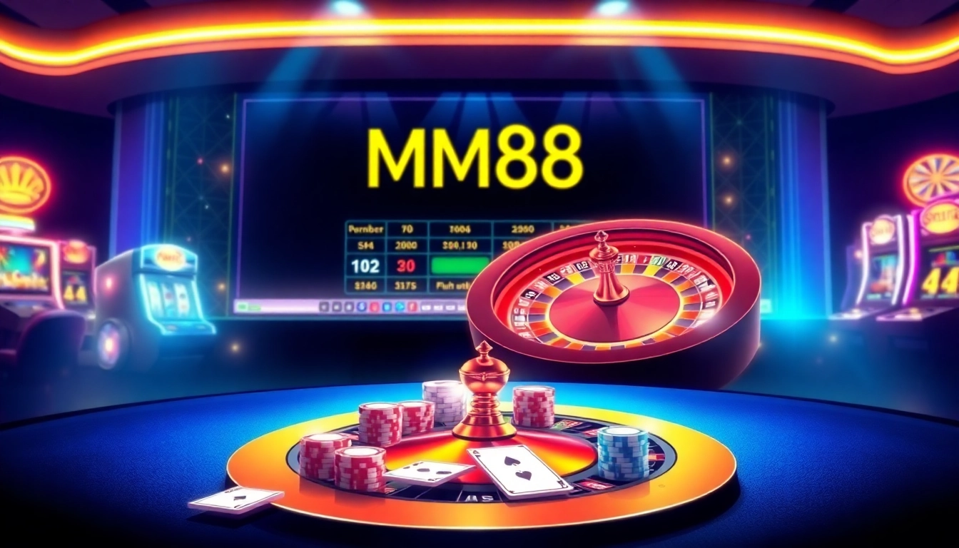 Experience the excitement of gambling with https://mm88.moe/ featuring a vibrant casino scene showcasing poker chips and roulette.