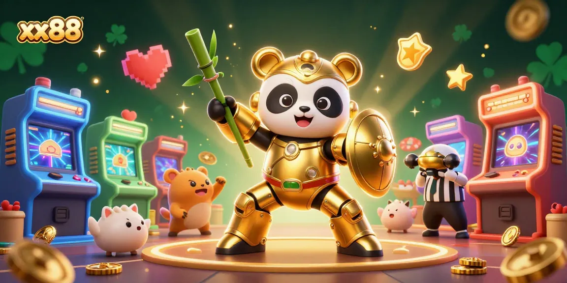 Experience thrilling gameplay at xx88 with a mech-suit panda in a colorful casino arcade.