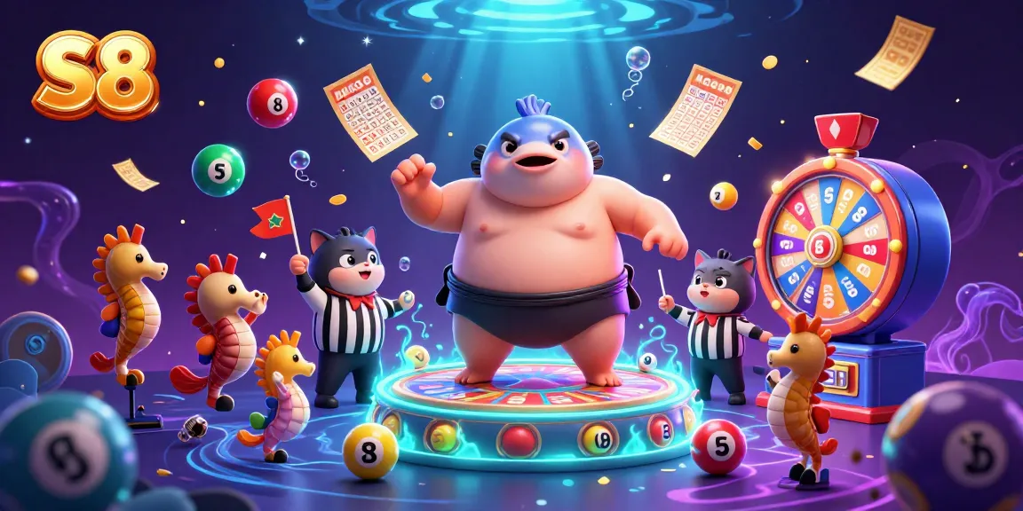Witness the vibrant S8 lottery spectacle with a fugu character, seahorse fans, and colorful lottery elements.
