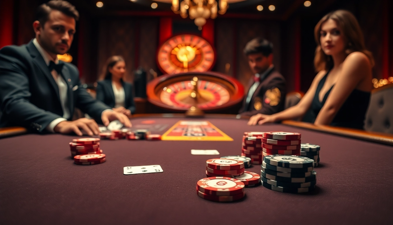 Players engaging in high-stakes poker at LuckyWin casino with vibrant chips and an elegant atmosphere.