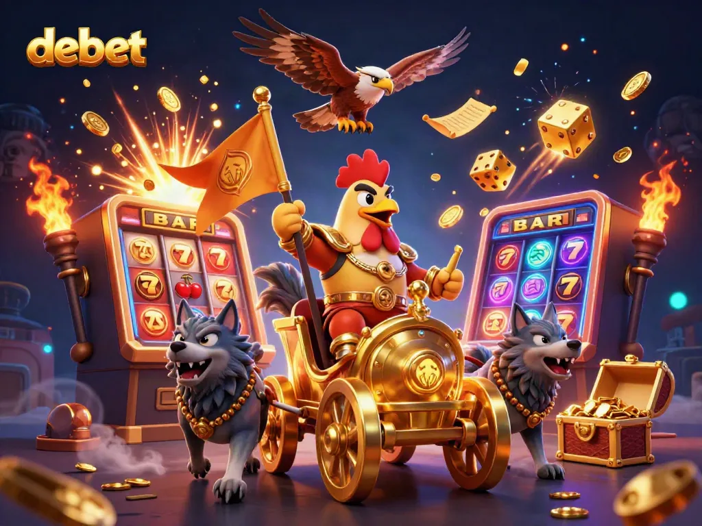 Experience the excitement of debet with a dynamic 3D illustration of a rooster warlord in a vibrant casino setting.