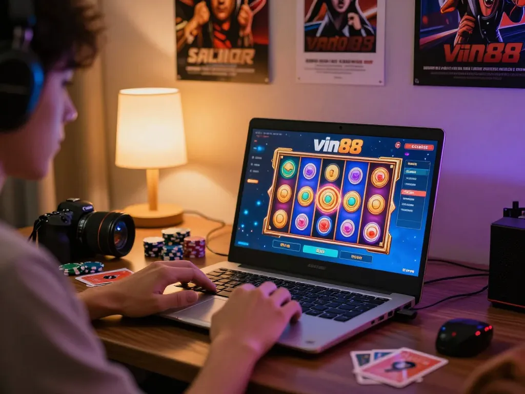Engaged player enjoying slot games on the vin88 casino platform in a cozy home setting.