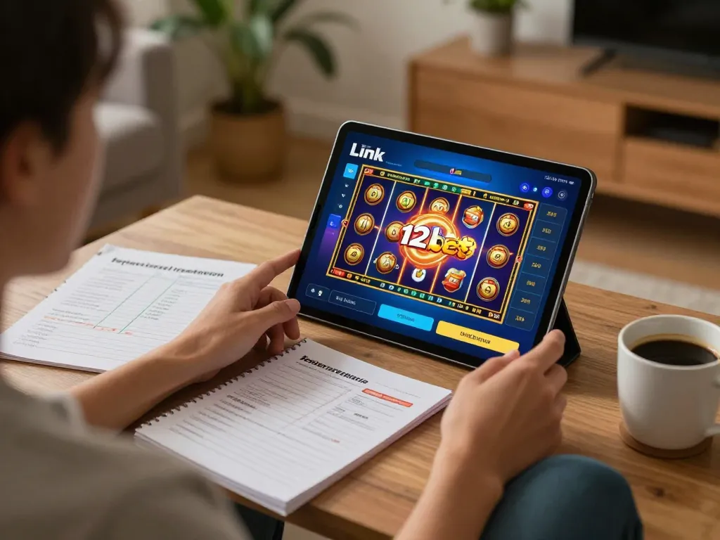 Người chơi sử dụng Liên kết 12bet trên máy tính bảng trong không gian sống ấm cúng, tương tác với casino trực tuyến sôi động