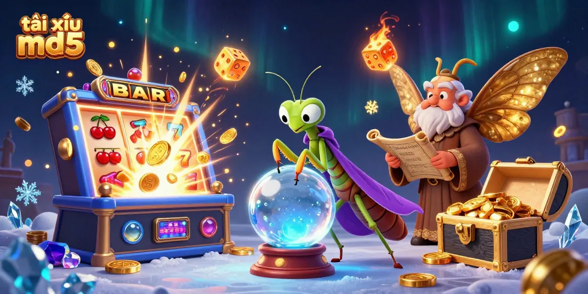 Experience the excitement of tài xỉu md5 with animated characters and vibrant casino elements surrounding them.