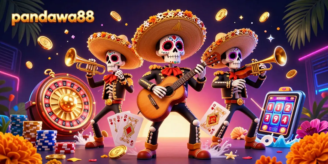 Experience thrilling wins with pandawa88's vibrant slot machines and mariachi band in a lively casino scene.