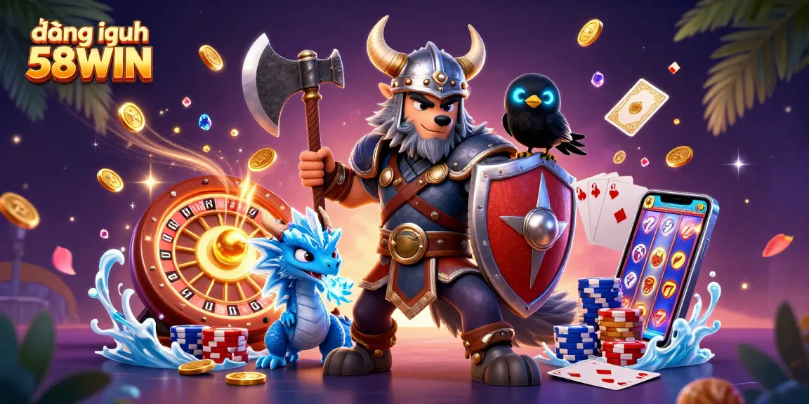 Engage with 로그인 58WIN in a captivating casino universe featuring a Viking wolf warrior, dragon, and exciting game elements.