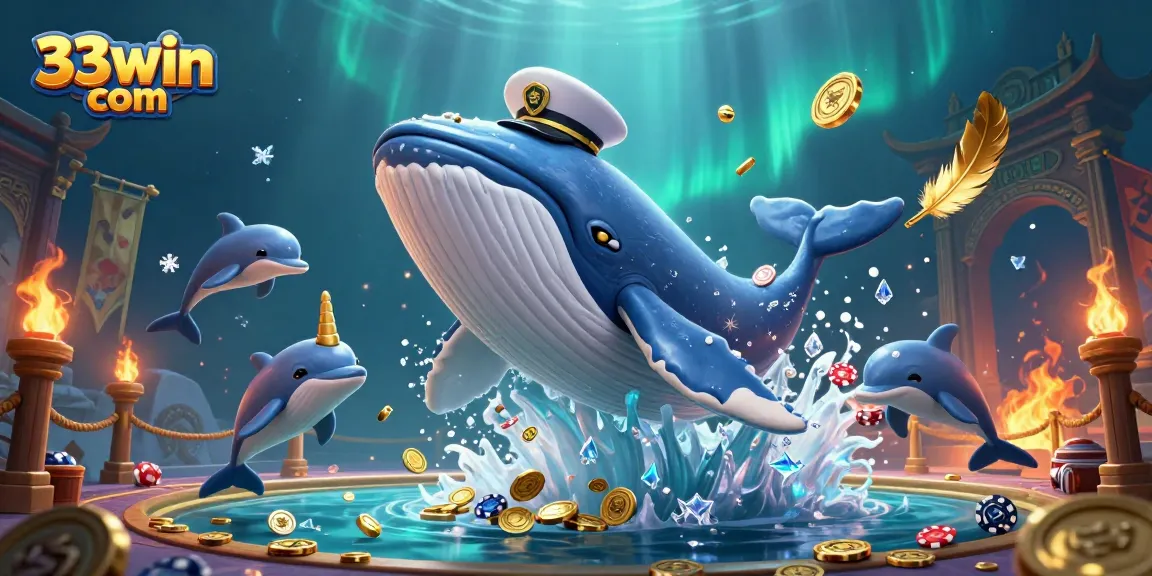 Engage with exciting gameplay at 33win com while a whale breaches through a sea of coins.