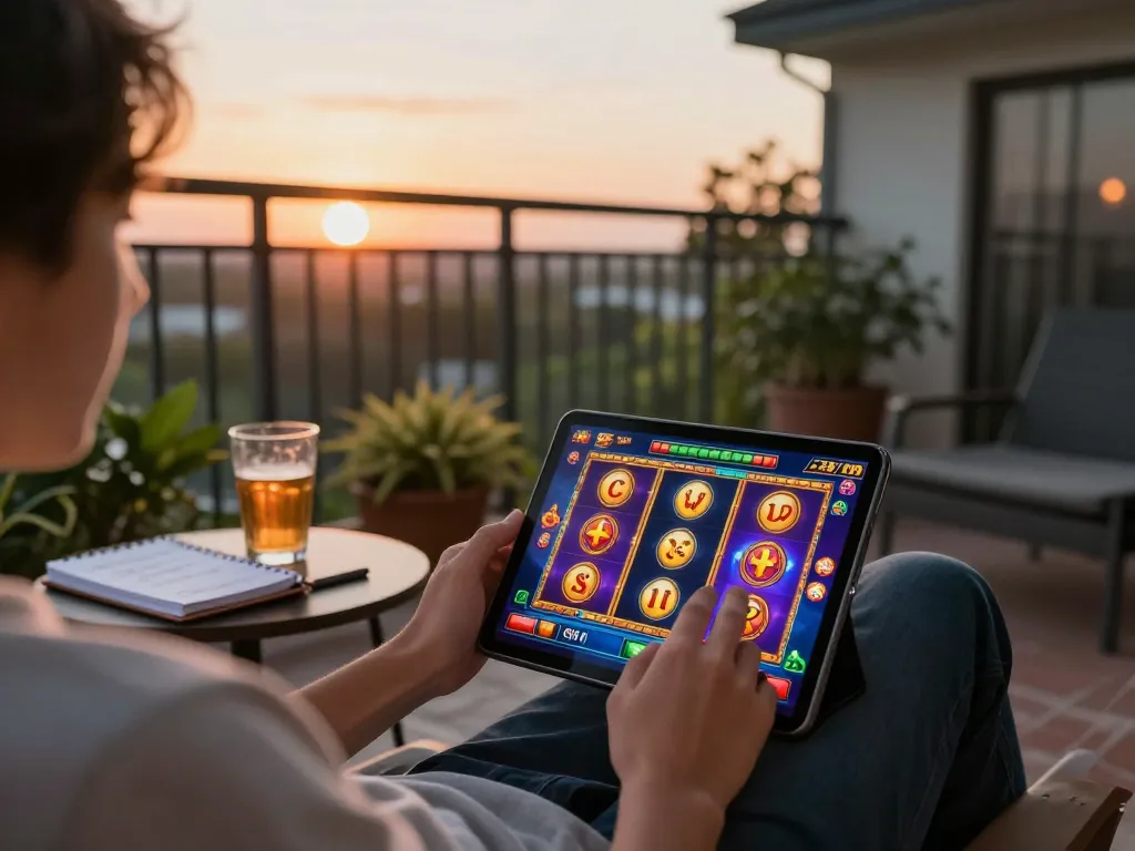 Engaging online experience at 797 club with vibrant slot games on tablet and cozy atmosphere
