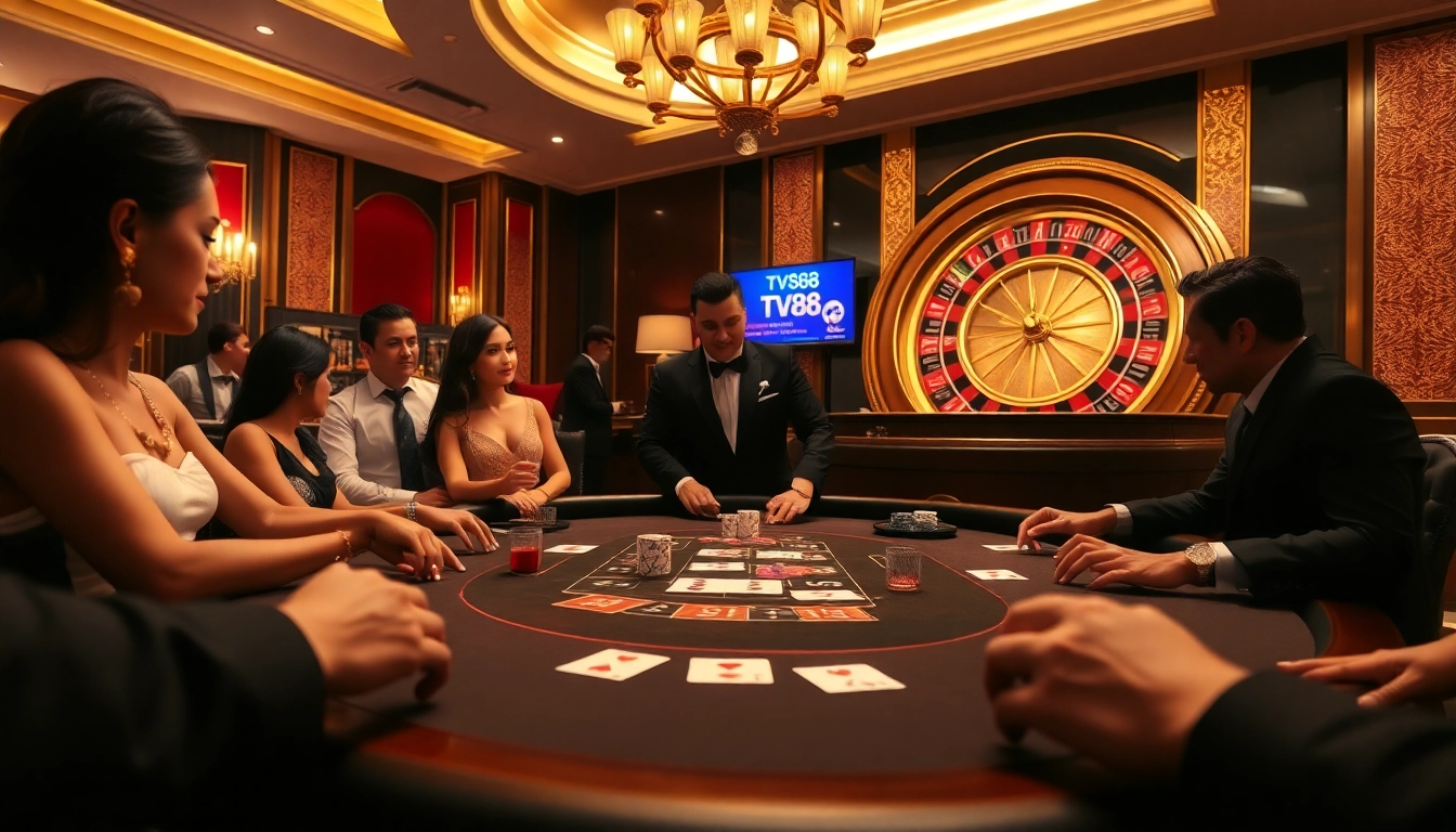 Experience a thrilling casino moment at TV88 link, featuring a vibrant poker table and roulette, crafted for high-stakes excitement.