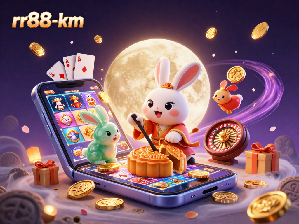 Engage with rr88-km's vibrant casino illustration featuring a moon rabbit and dynamic gaming elements.
