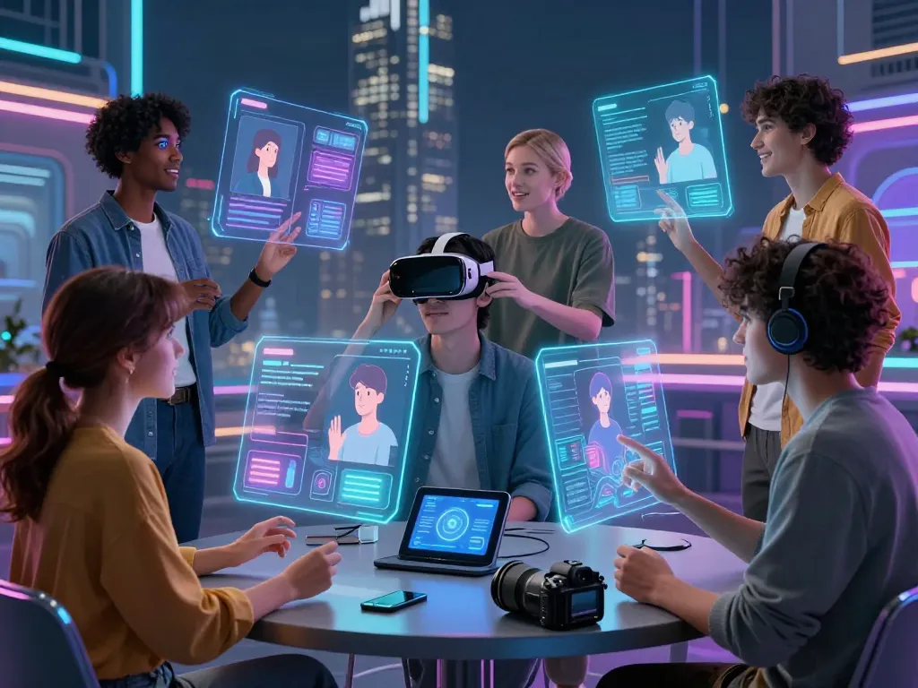 Engaging AI conversations through Crushon in a futuristic digital setting with diverse characters.