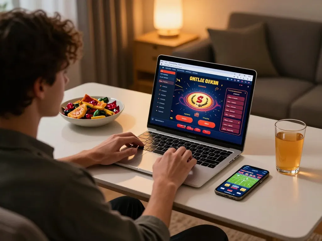 Engaging in online gambling on a laptop while using a sports betting app at home with bj88bj.