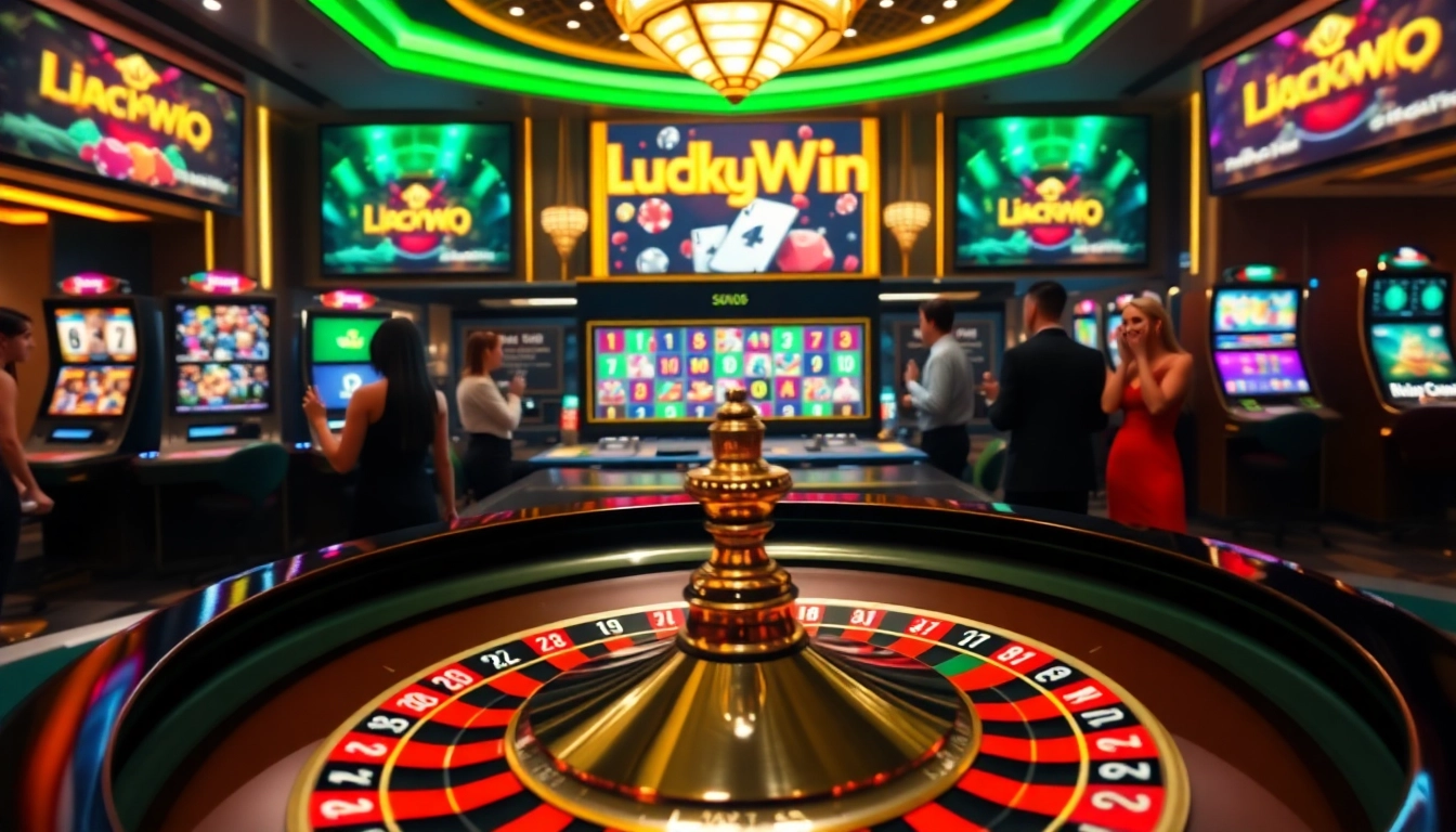 Experience thrilling gameplay at LuckyWin with vibrant casino visuals featuring roulette and poker chips.