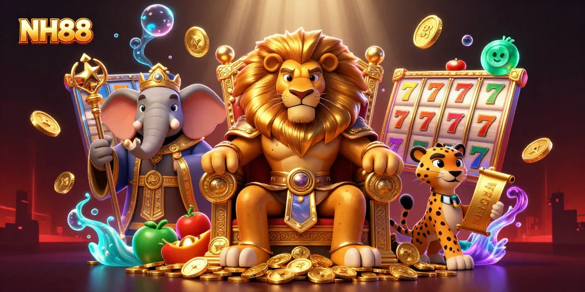 Engage with the dynamic casino experience at NH88 showcasing the royal lion king and slot game elements.