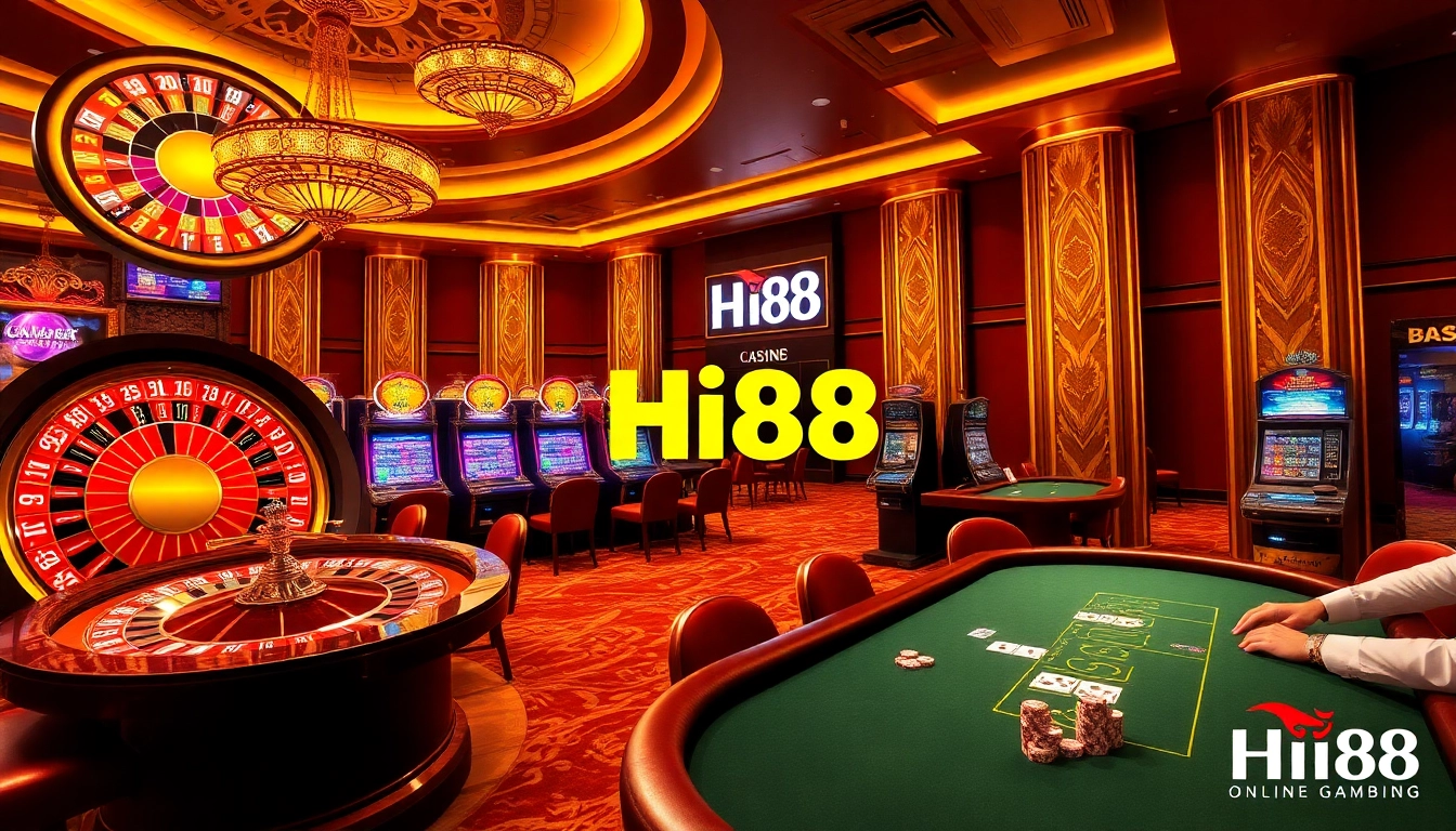 Excited gamblers playing at Hi88 casino tables with vibrant slot machines and roulette wheels.