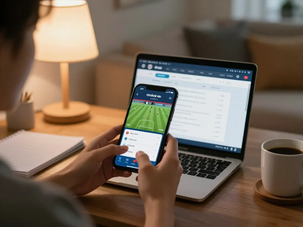 Tỷ lệ kèo nhà cái displayed on a smartphone while placing a bet in a cozy living room.