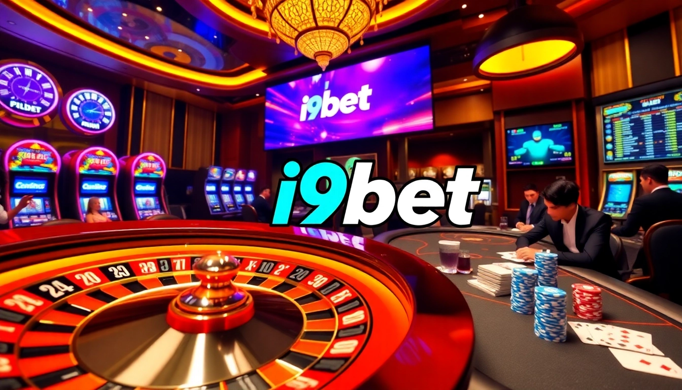 Excited players enjoying high-stakes gaming at i9bet casino tables with vibrant roulette wheel.