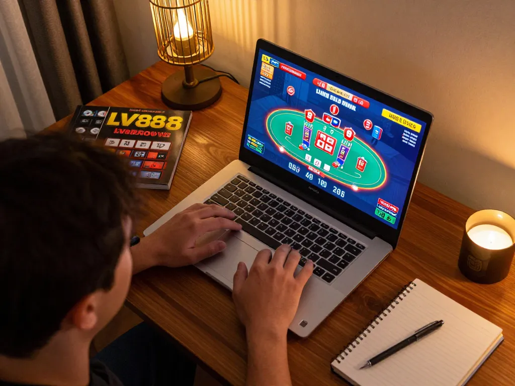 Player enjoying LV88 live casino games on laptop in cozy home setting, showcasing online gaming experience.