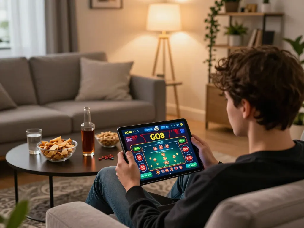 Engaging with the GO8 casino app, a user enjoys a relaxed online gaming experience at home.