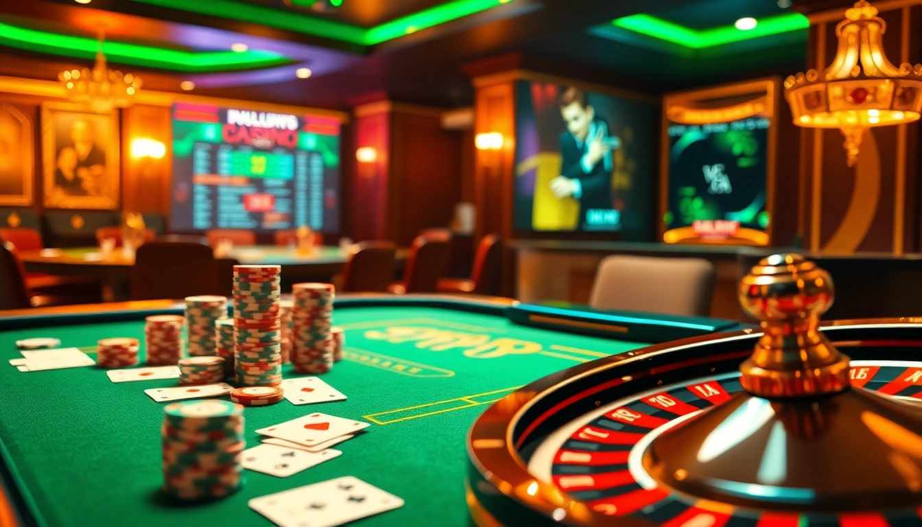 Engaging scene of online gambling at nhà cái ee 88 with poker and roulette highlights, showcasing a vibrant casino ambiance.