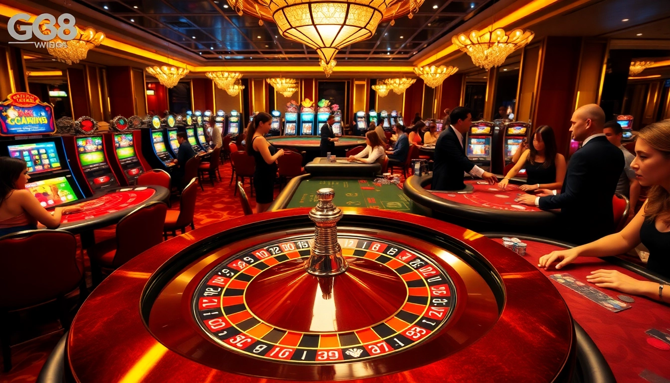 GG88 roulette wheel with vibrant poker chips and players engaged in an exciting casino atmosphere.