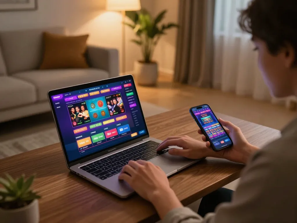 Engaging in online casino gaming at fabet with vibrant interfaces on multiple screens in a cozy setting.