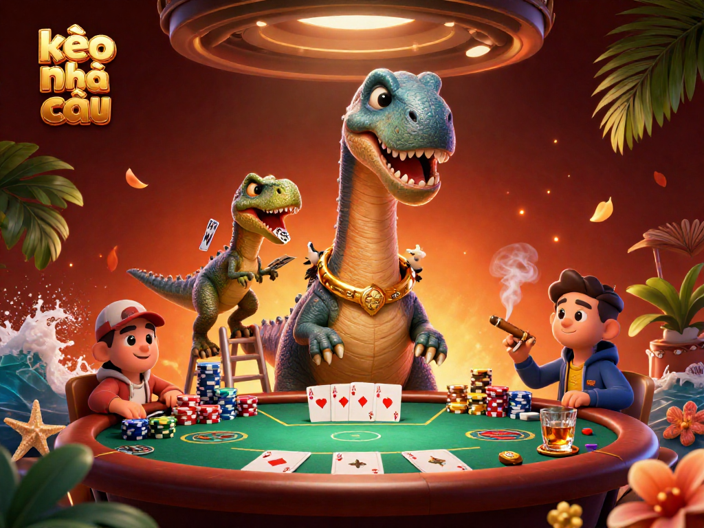 Engage with kèo nhà cái as a giant dinosaur oversees a thrilling poker game, rich with vibrant casino elements.