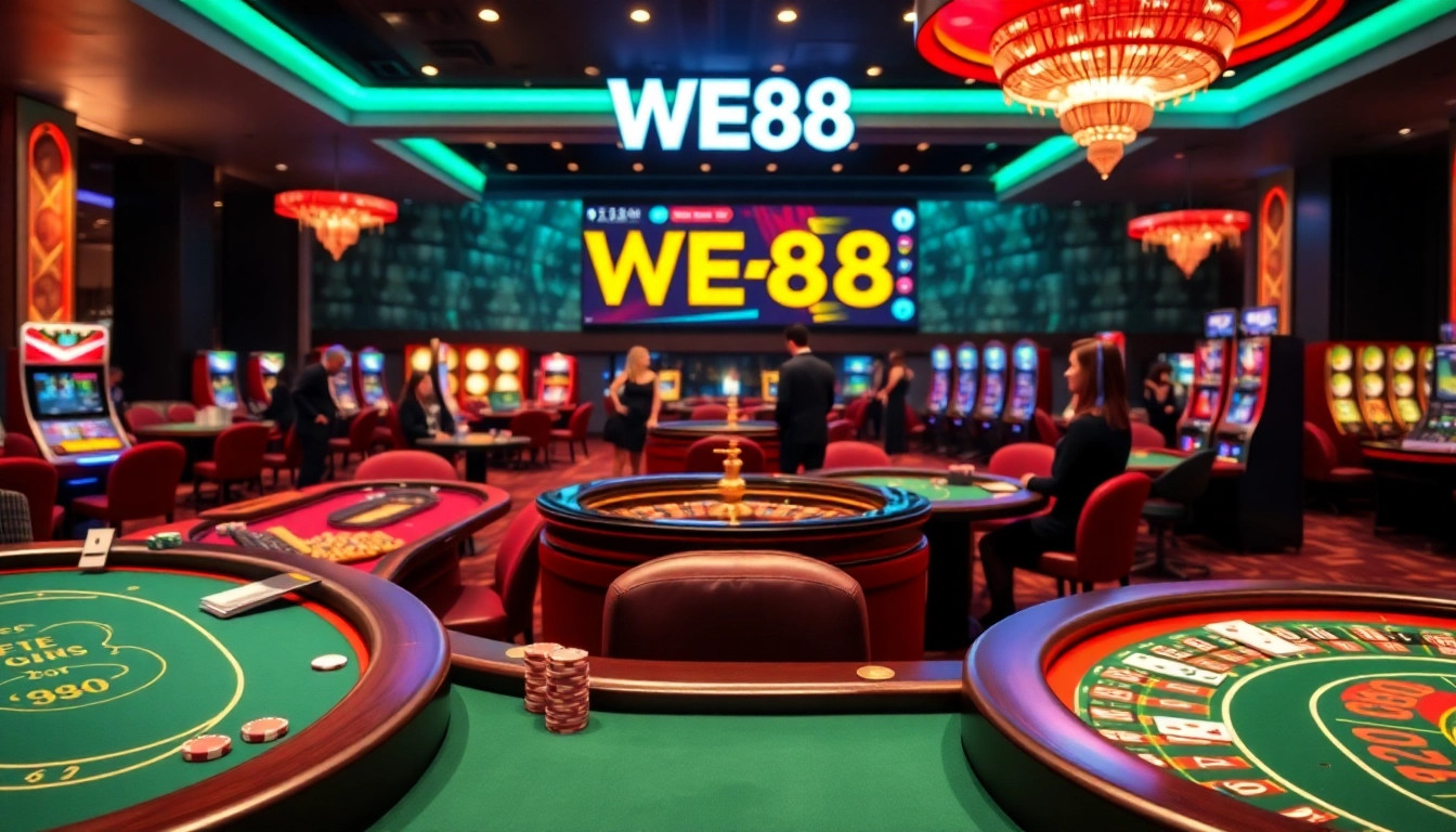 WE88 casino scene showcasing players engaged in thrilling games, including poker and slots.
