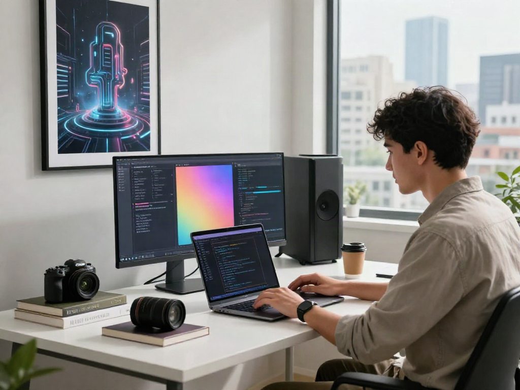 Innovative workspace of a developer coding an AI application for adults 18+, showcasing a modern aesthetic and productivity elements.