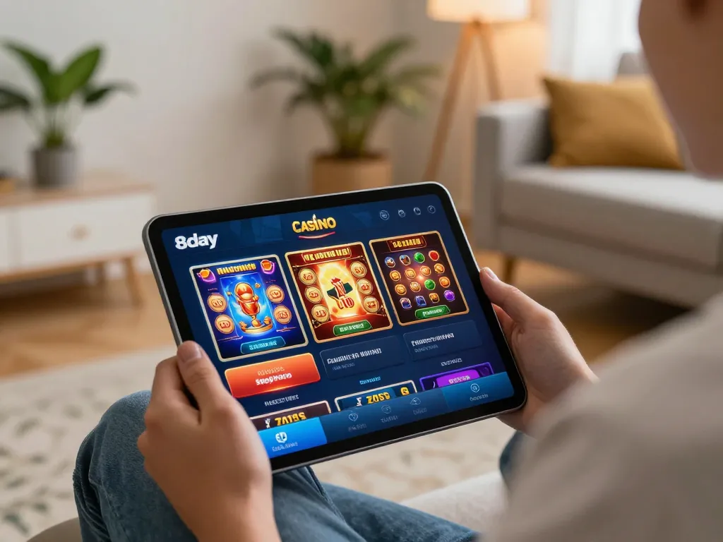 Player enjoying the 8day casino app on a tablet in a cozy home gaming setup with dynamic visuals