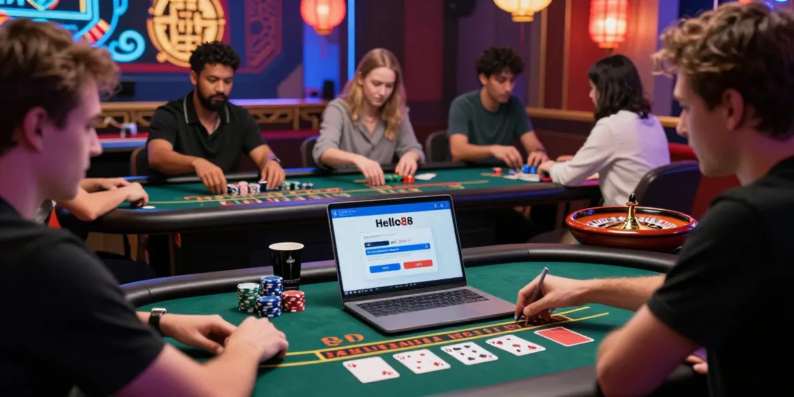 Engaged players logging into their đăng nhập HELLO88 accounts at a vibrant online casino, showcasing excitement and community.