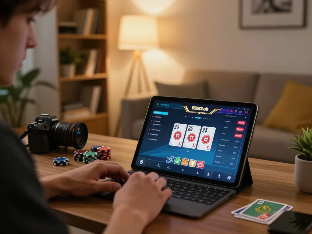 B52Club player engaging in dynamic online gameplay on tablet in cozy setting