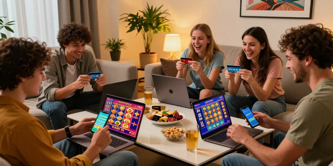 Friends playing at uk credit card casinos with exciting wins, snacks, and vibrant games displayed.