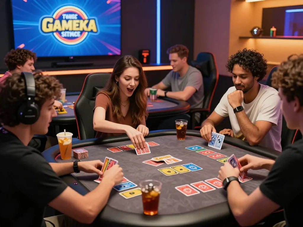 Exciting group playing Game bài together in a vibrant gaming environment, with cards and snacks.