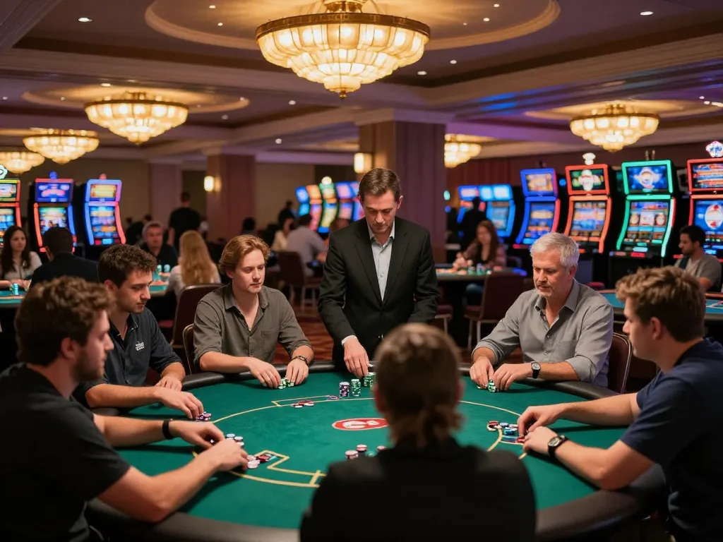 Players engaging in strategic gameplay at an upscale XX88 casino, vibrant atmosphere with poker tables.
