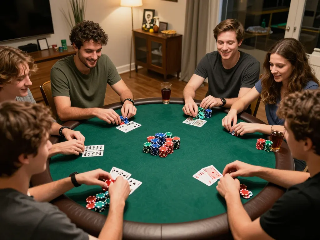 Daga players enjoying an intense poker game night with colorful chips and cards in play