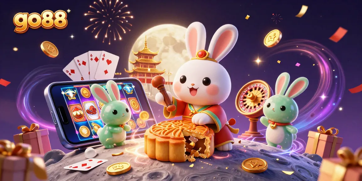 Experience the magic of go88 with a cartoon moon rabbit surrounded by casino elements on the lunar surface.