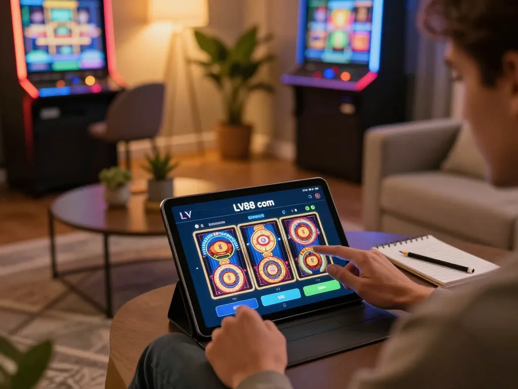 Engaging with the LV88 com app in a cozy online casino gaming setup at home.