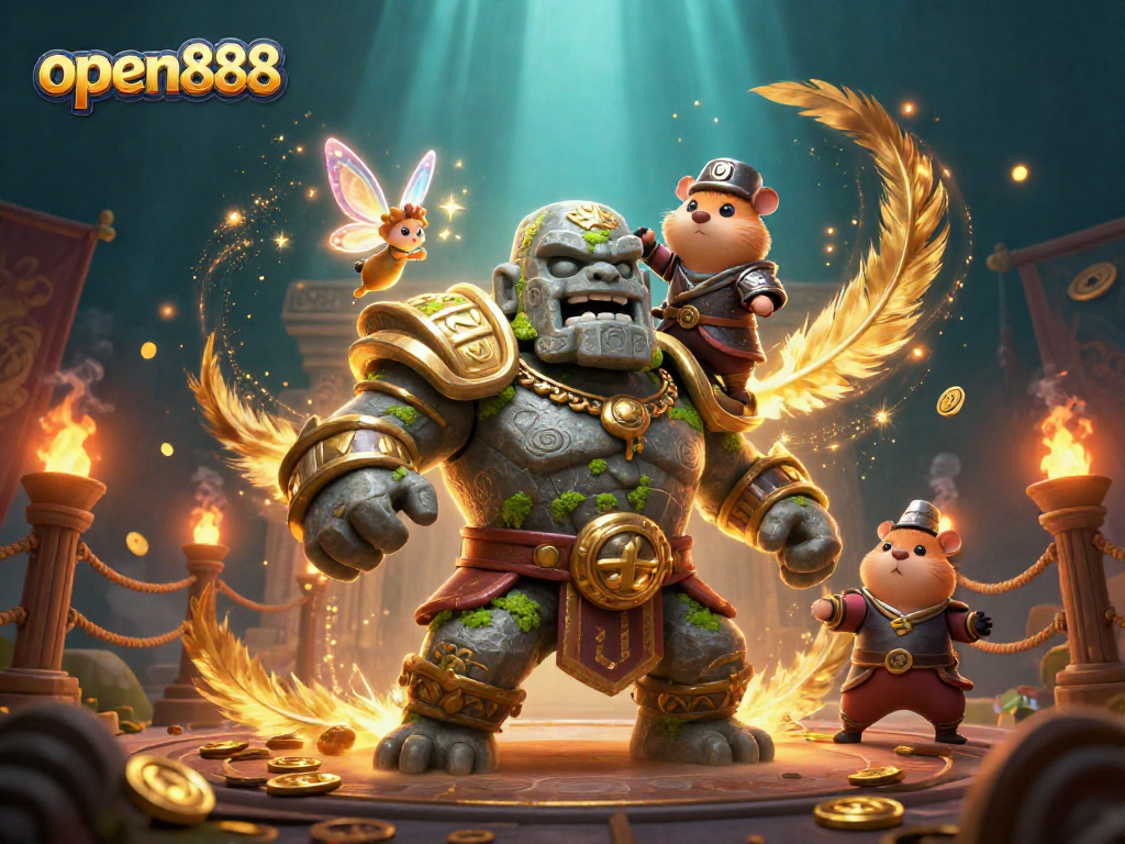 Win big with open888 in this vibrant 3D casino scene filled with magical characters and dynamic elements.