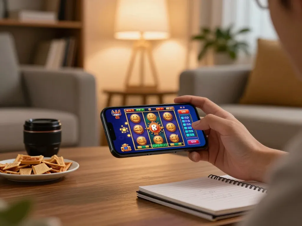 Engaging mobile gaming experience with digitalwala slots, emphasizing comfort and strategy in a cozy setting