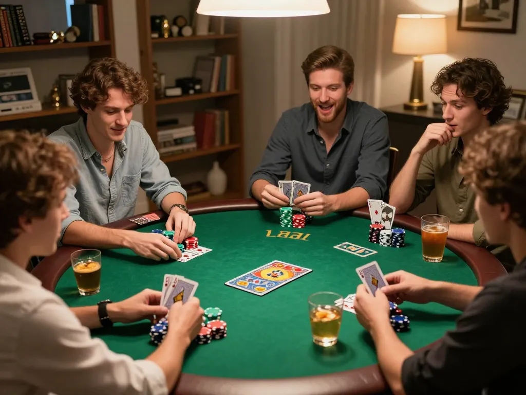 Players enjoying a thrilling game of poker at home, highlighting strategic moves and the spirit of competition with Zowin.