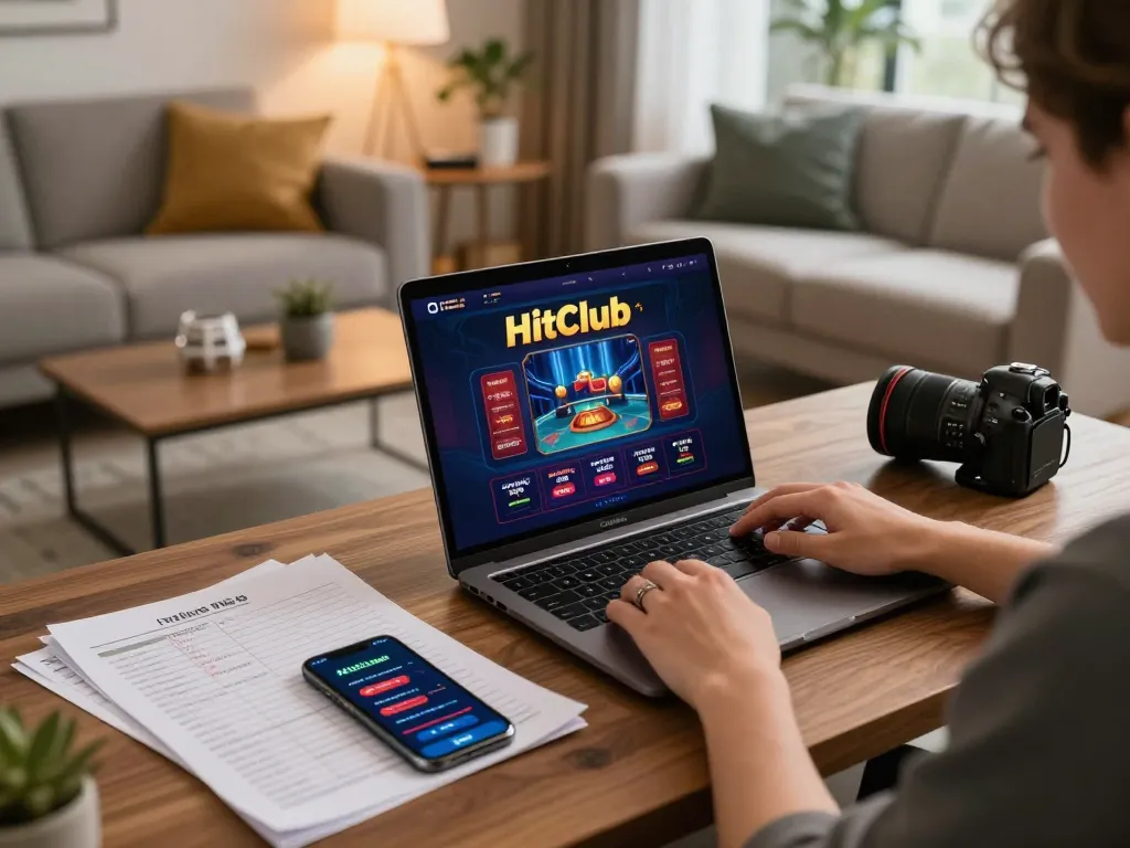 Player enjoying the Hitclub casino app on a laptop, showcasing online betting strategy and personalized gaming.