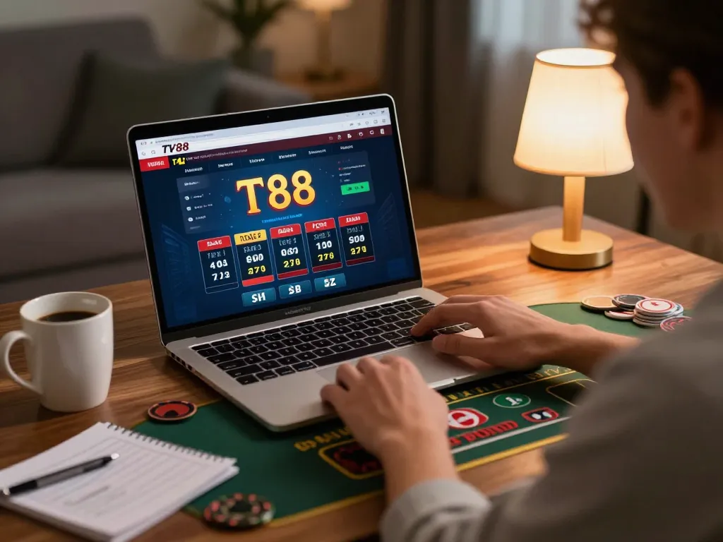Person playing live dealer baccarat on TV88 with notes and coffee in cozy home setting.