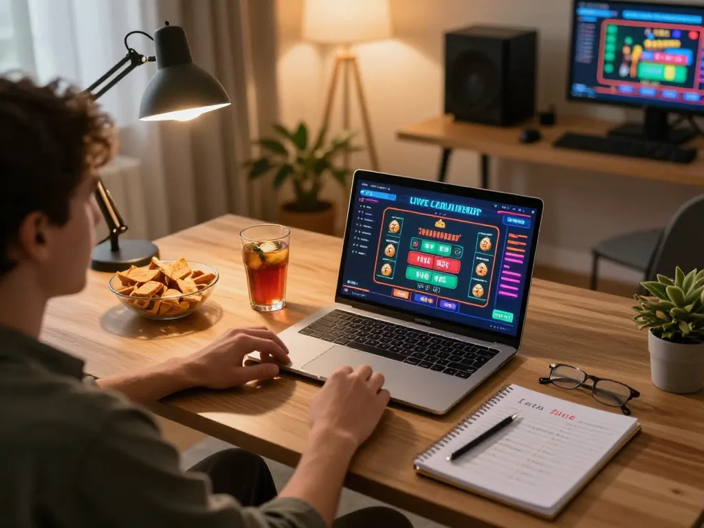 W88 player engaging in online casino gameplay with vibrant interface at home