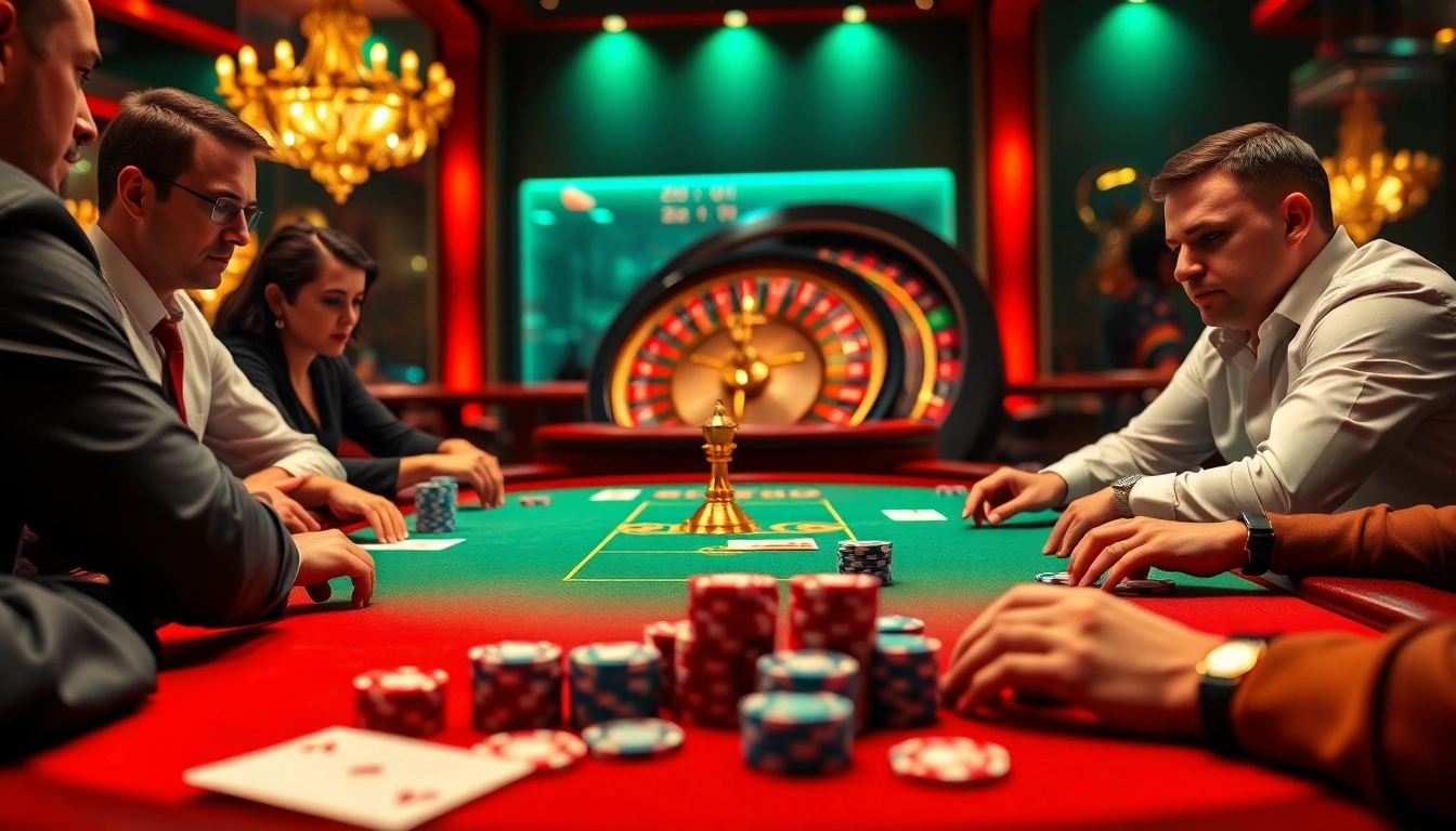 Players strategizing at a vibrant poker table on tylenhacai7.com, showcasing excitement and competition.